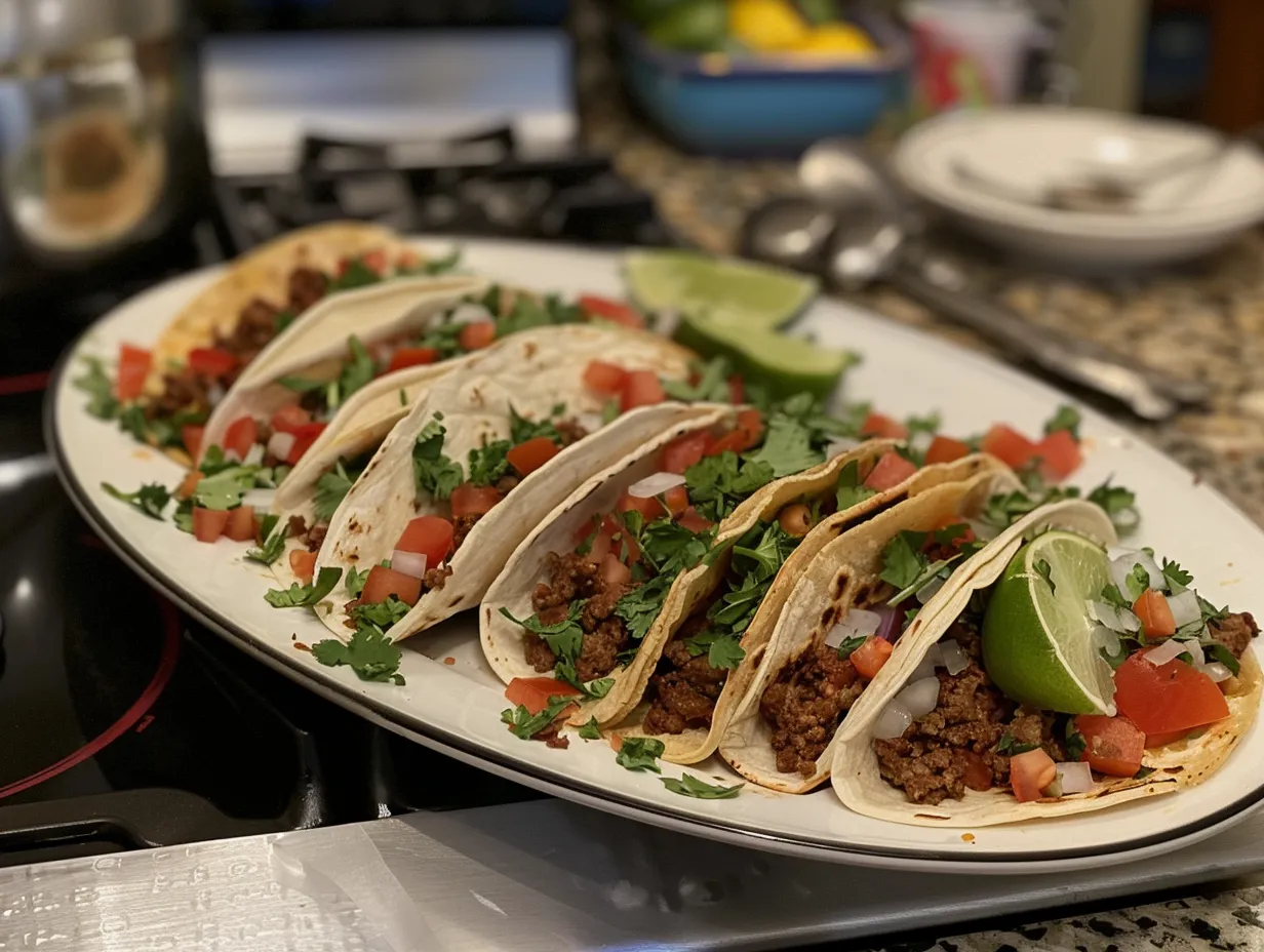 Delicious finished Chorizo Tacos on a kitchen counter.