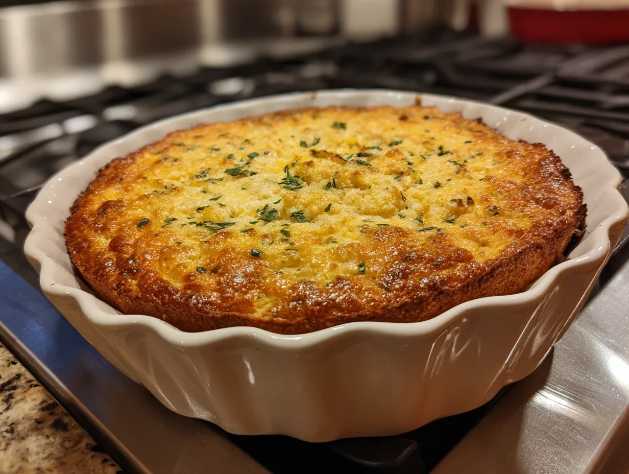 Finished cornbread casserole in a baking dish.