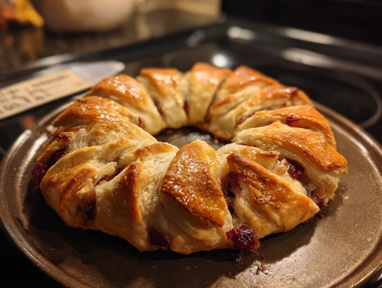 Finished cranberry brie crescent wreath garnished with rosemary