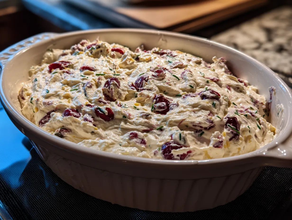 Finished Cranberry Jalapeno Cream Cheese Dip served with crackers.