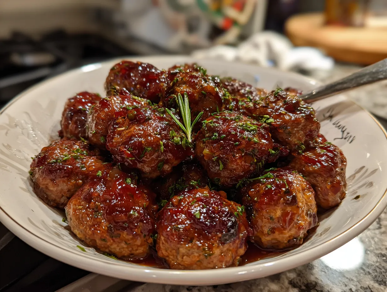 Delicious cranberry meatballs served on a dining table.