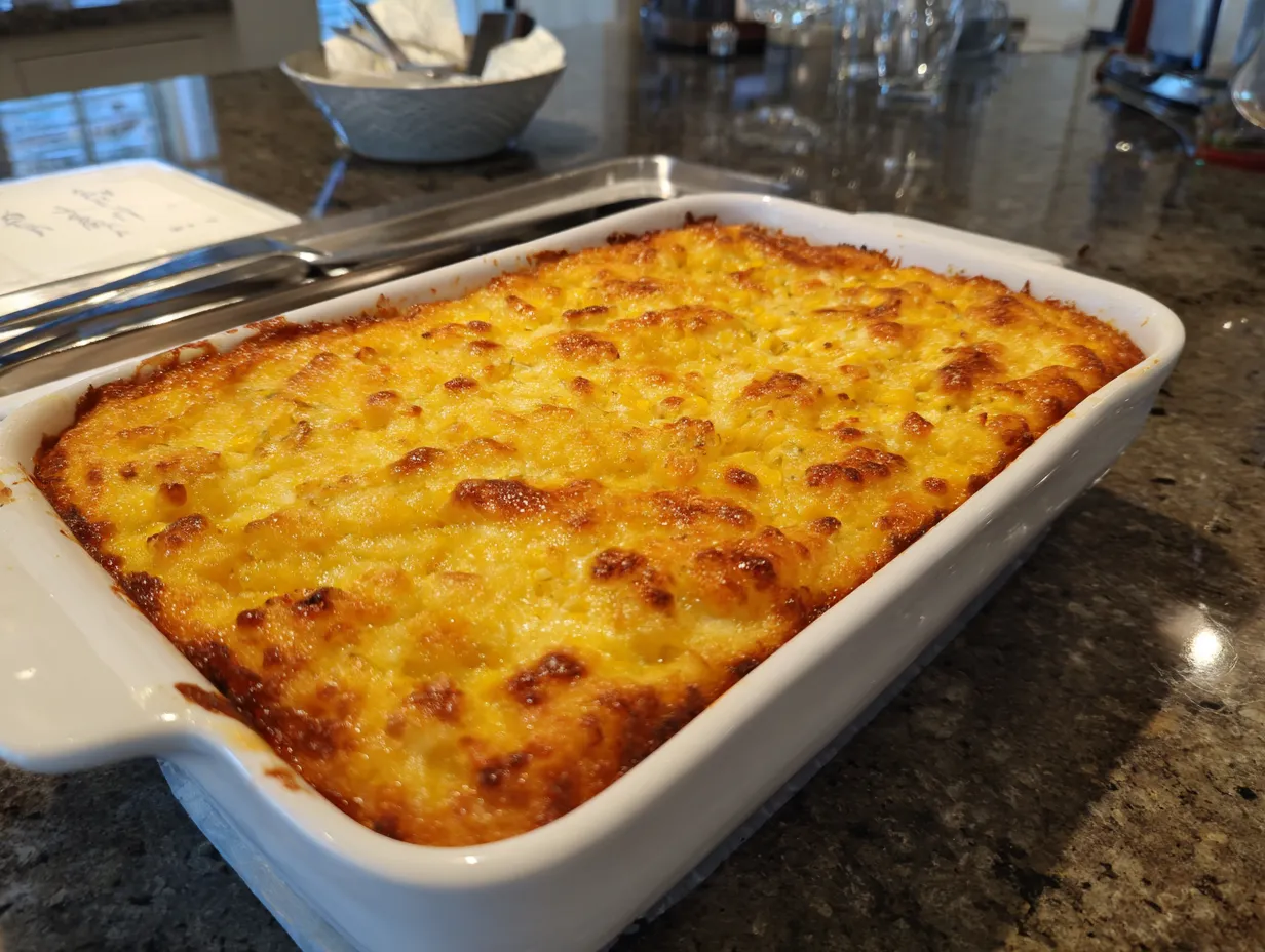 A golden brown, freshly baked Cream Cheese Corn Casserole in a baking dish.