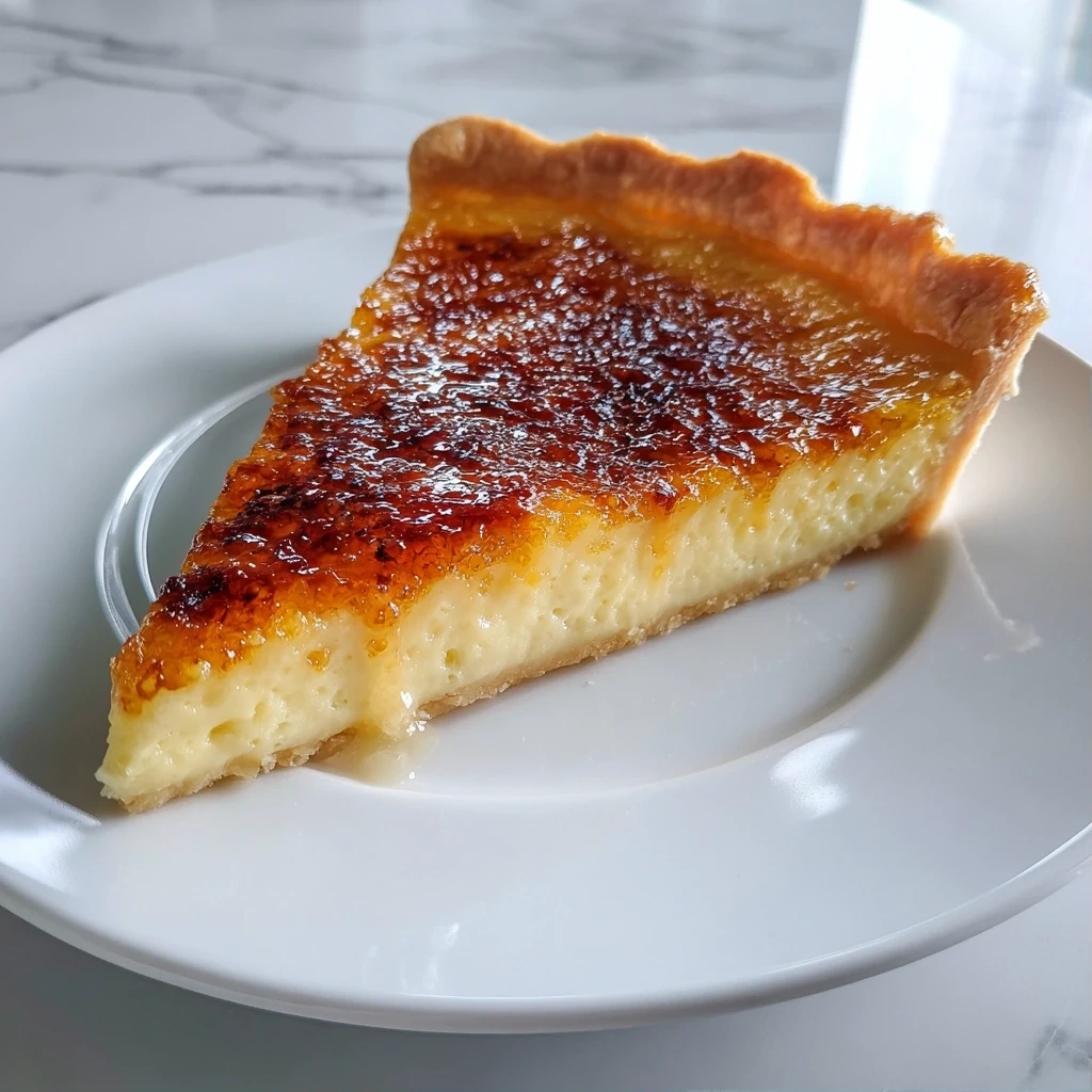 Finished Creme Brulee Pie with a golden brown, crackled top