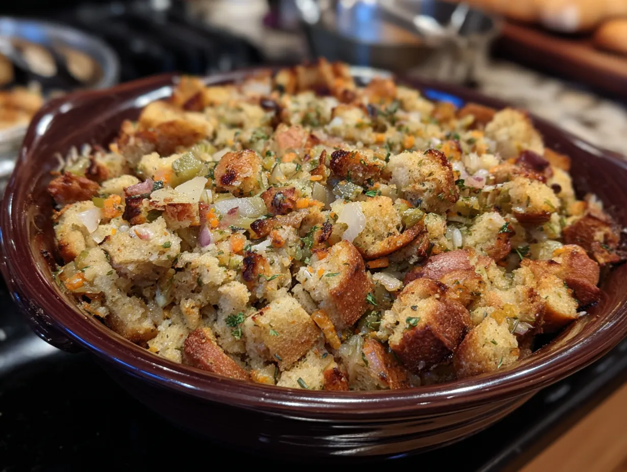 Delicious finished Crockpot Stuffing ready to serve.
