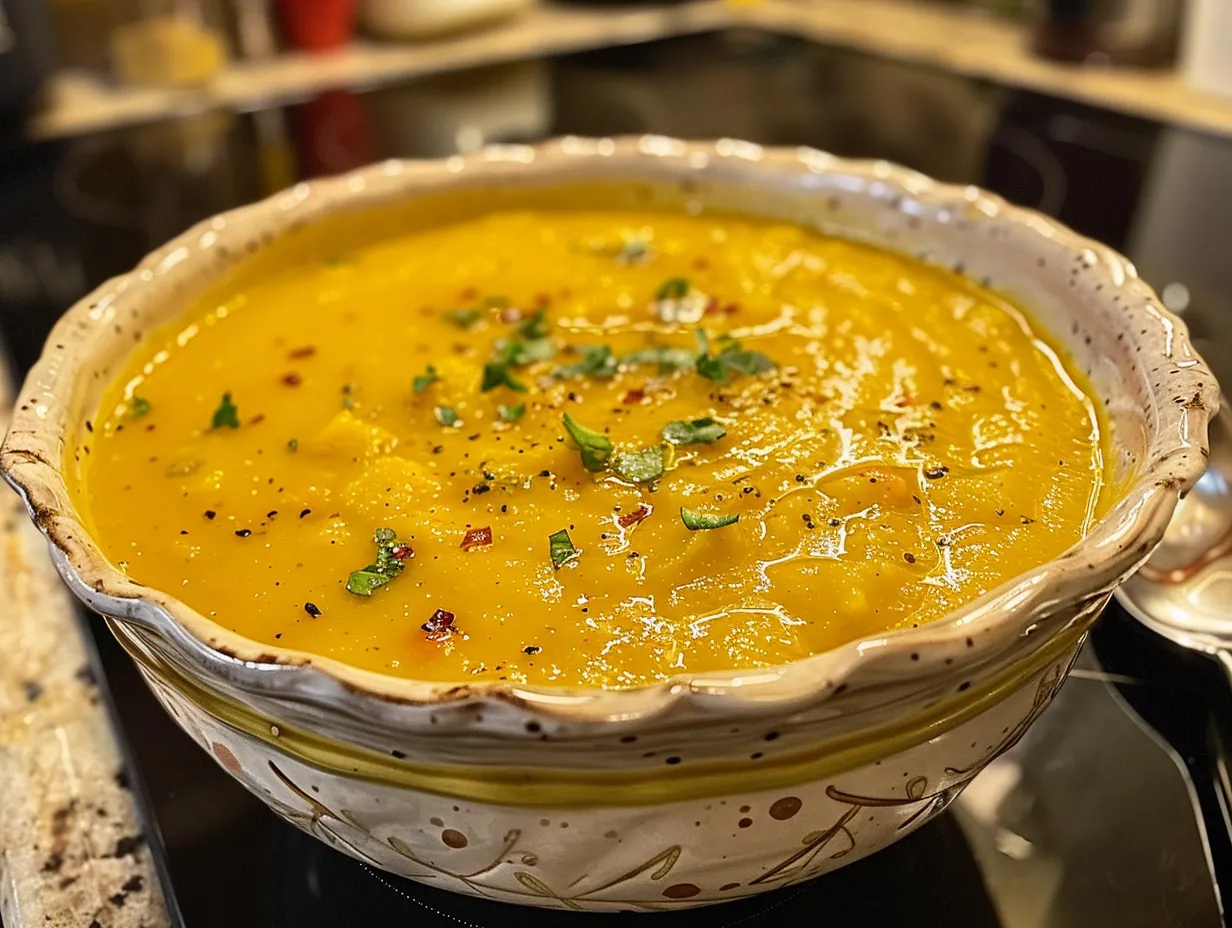 Bowl of finished Curried Sweet Potato and Apple Soup served on a kitchen counter