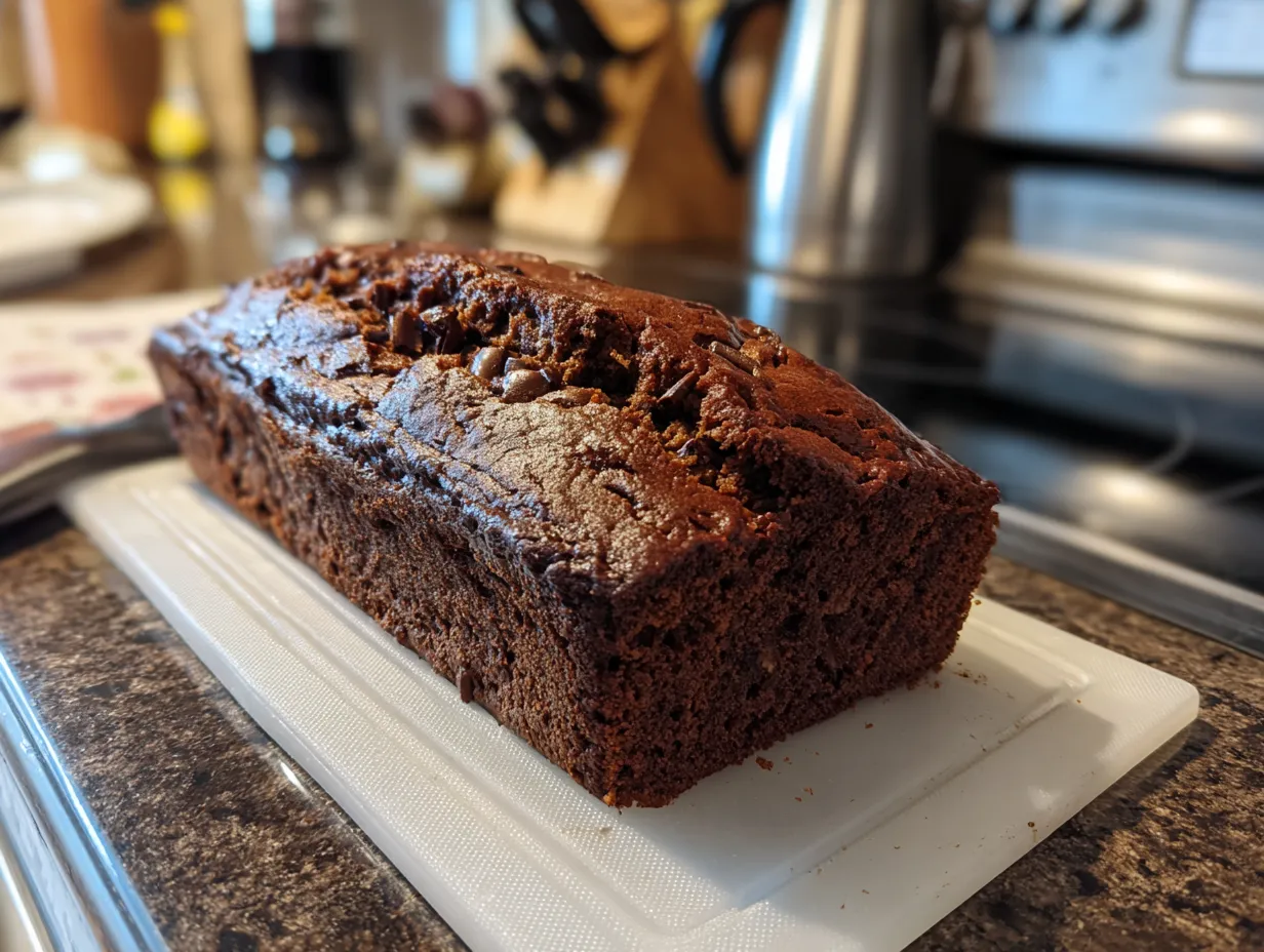 A freshly baked Double Chocolate Banana Bread, sliced and ready to serve, showcasing its moist texture and rich chocolate color.