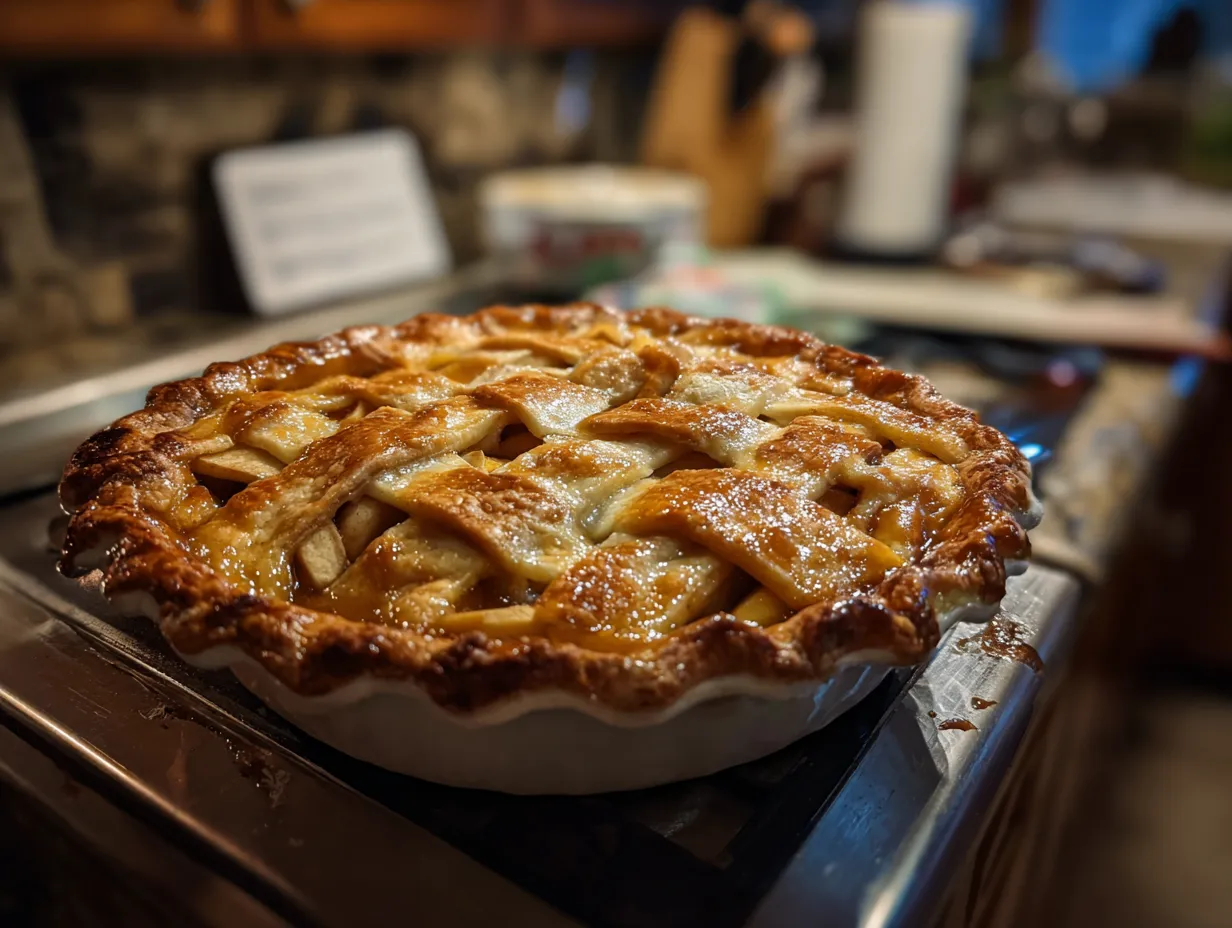 Finished Dutch Caramel Apple Pie with caramel drizzle