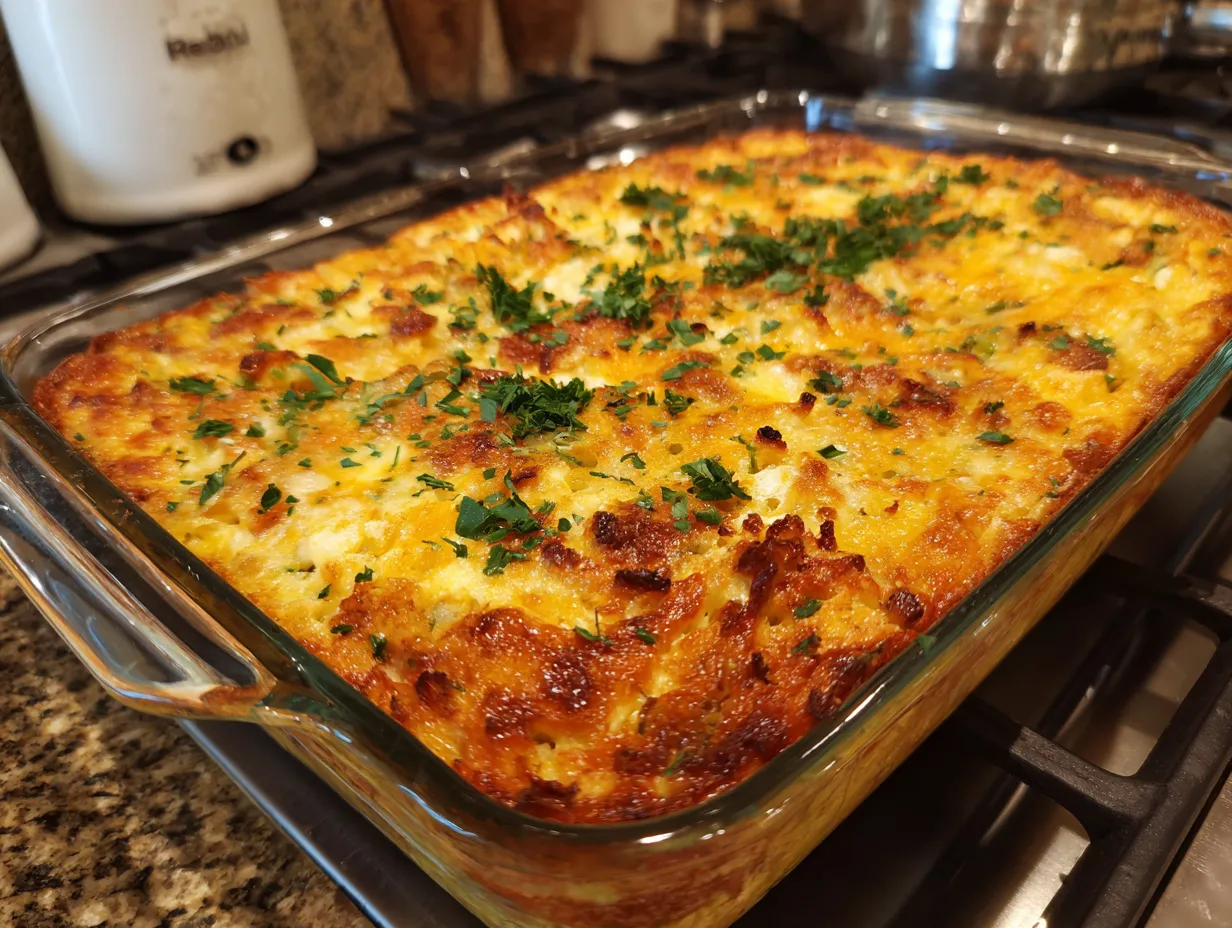 Finished Egg Hashbrown Casserole ready to serve