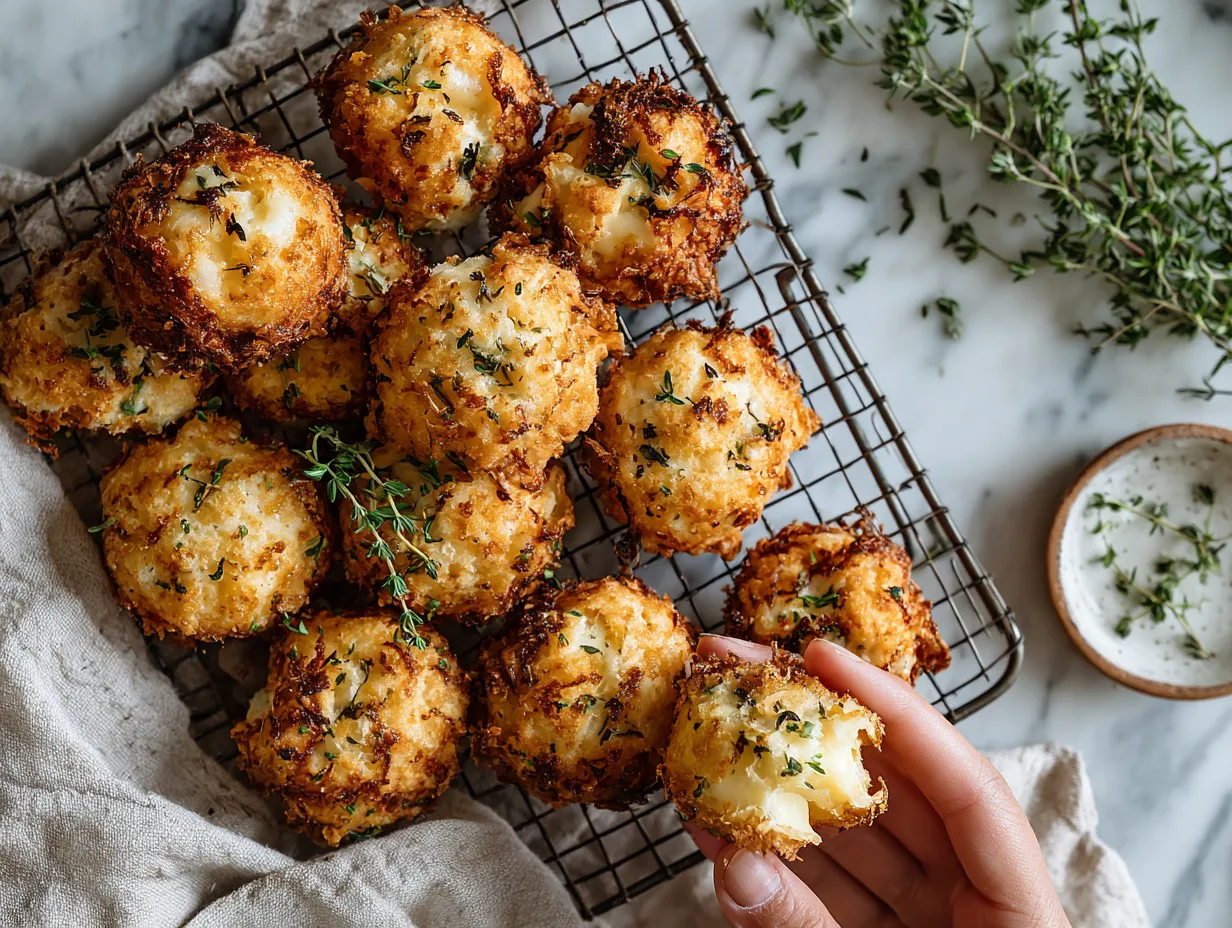 Golden and crispy fried brie bites on a serving plate, ready to be enjoyed.
