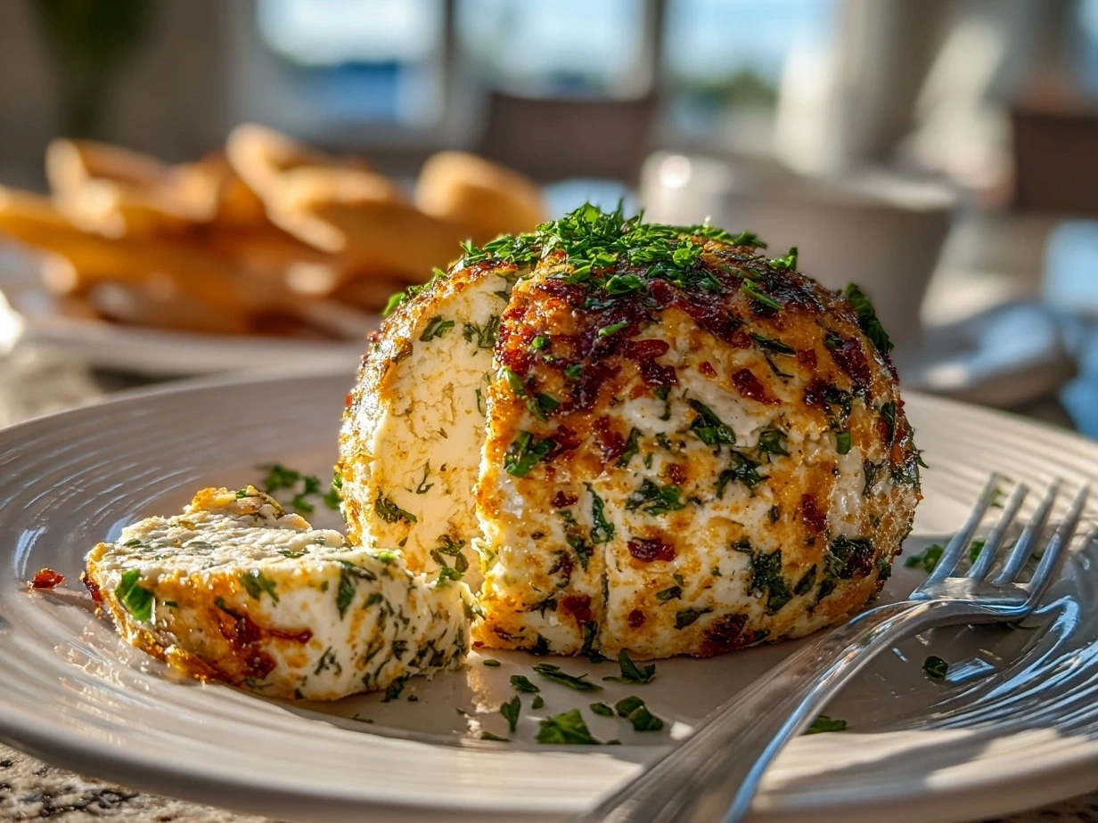 A finished garlic herb cheeseball served on a plate ready to eat.