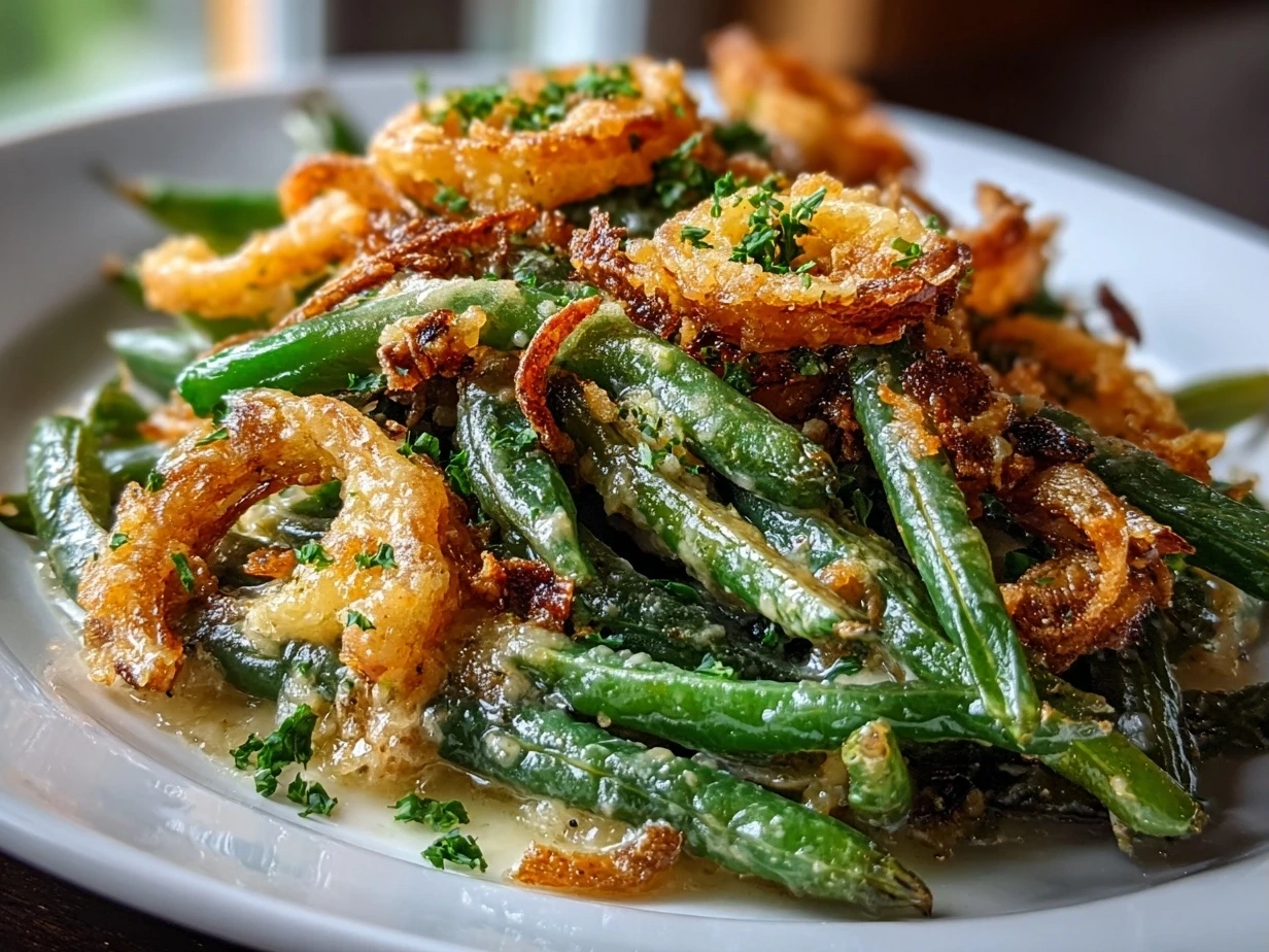 Finished Garlic Parmesan Green Bean Casserole on a white plate