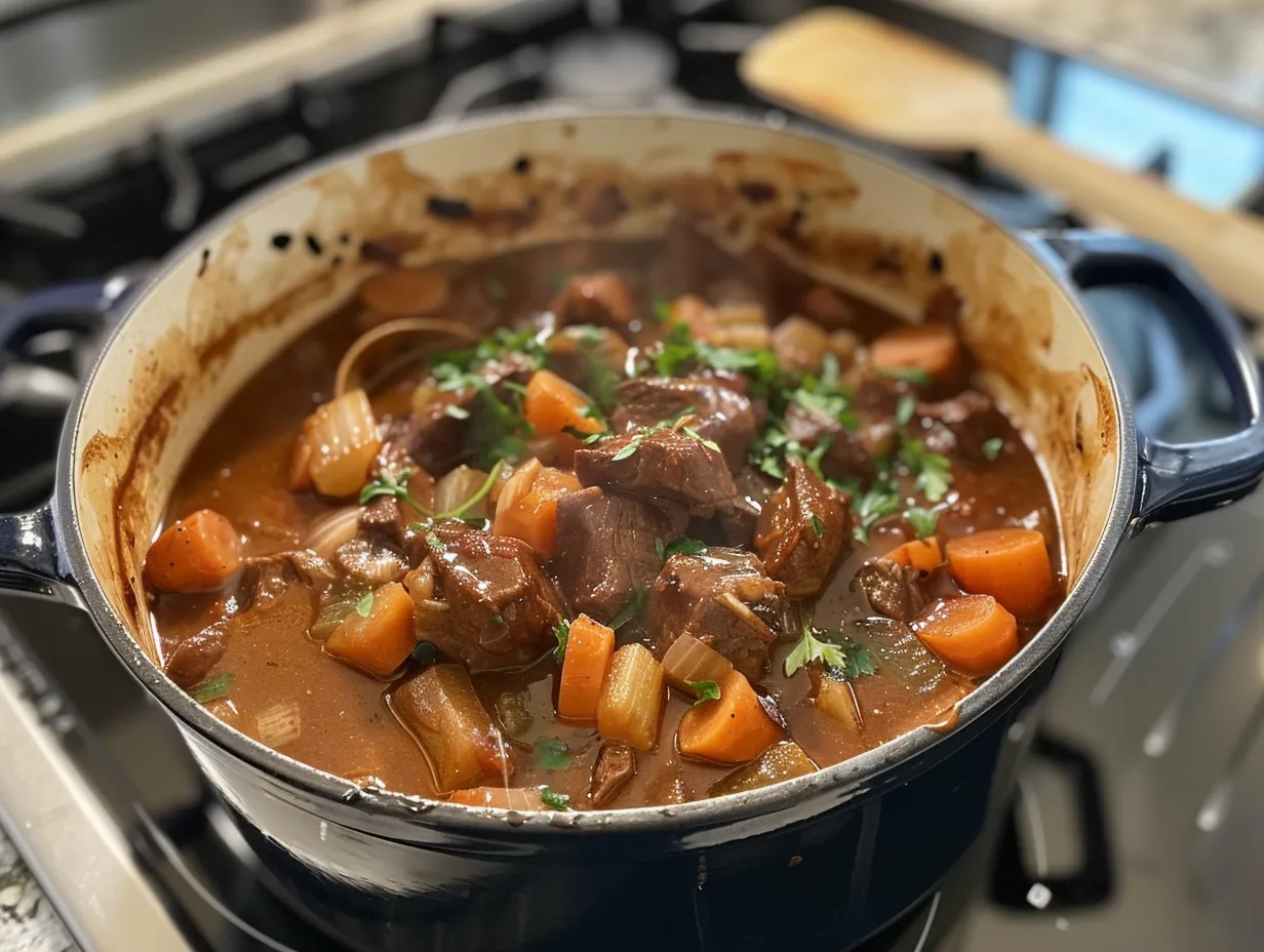 Finished Guinness Beef Stew presented on a stove, ready to be served.