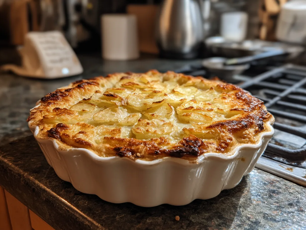 Finished Irish Potato Pie, golden brown and ready to serve.