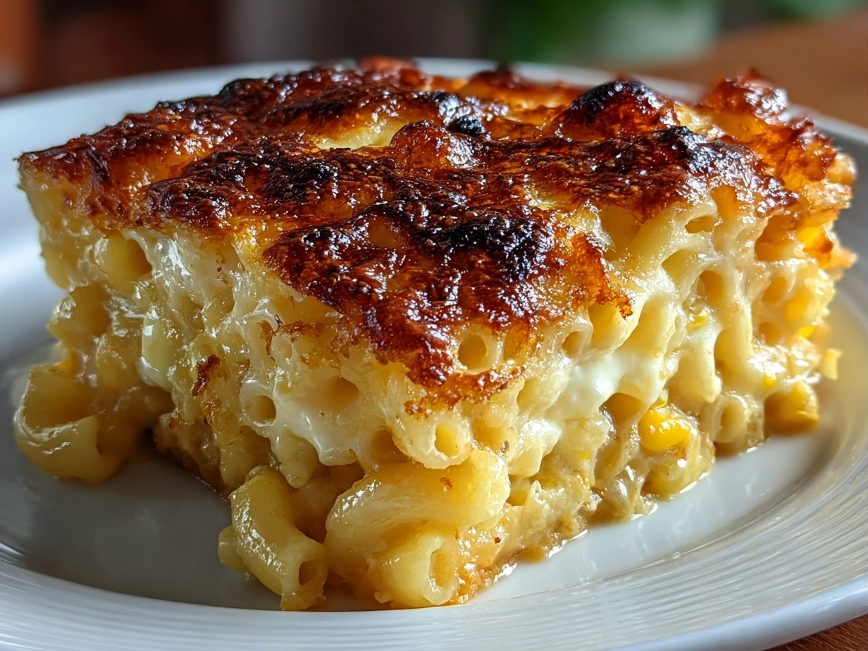 A close-up shot of a golden-brown macaroni corn casserole, bubbling hot and fresh out of the oven, showcasing its cheesy and creamy texture.