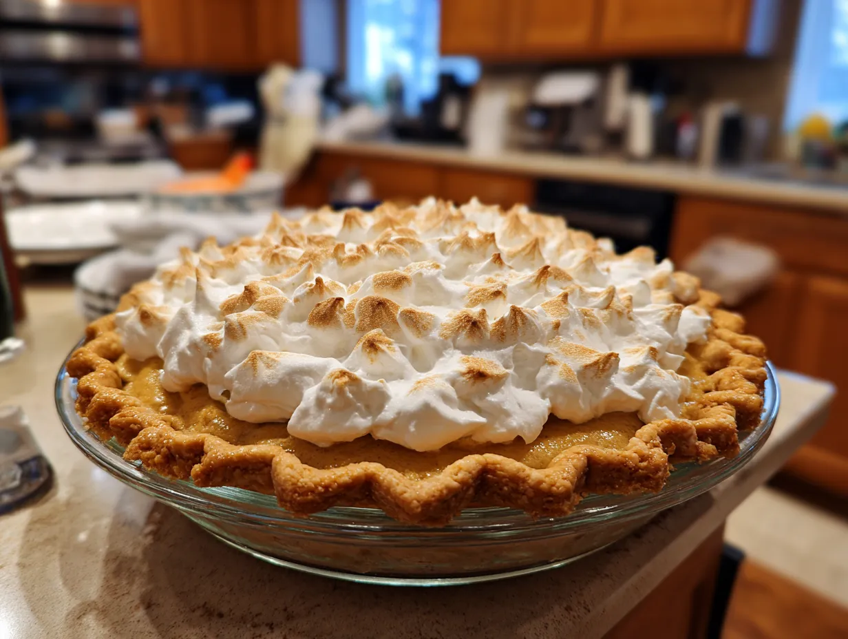 Finished Maple Cream Pie with a slice taken out, garnished with whipped cream and maple shavings