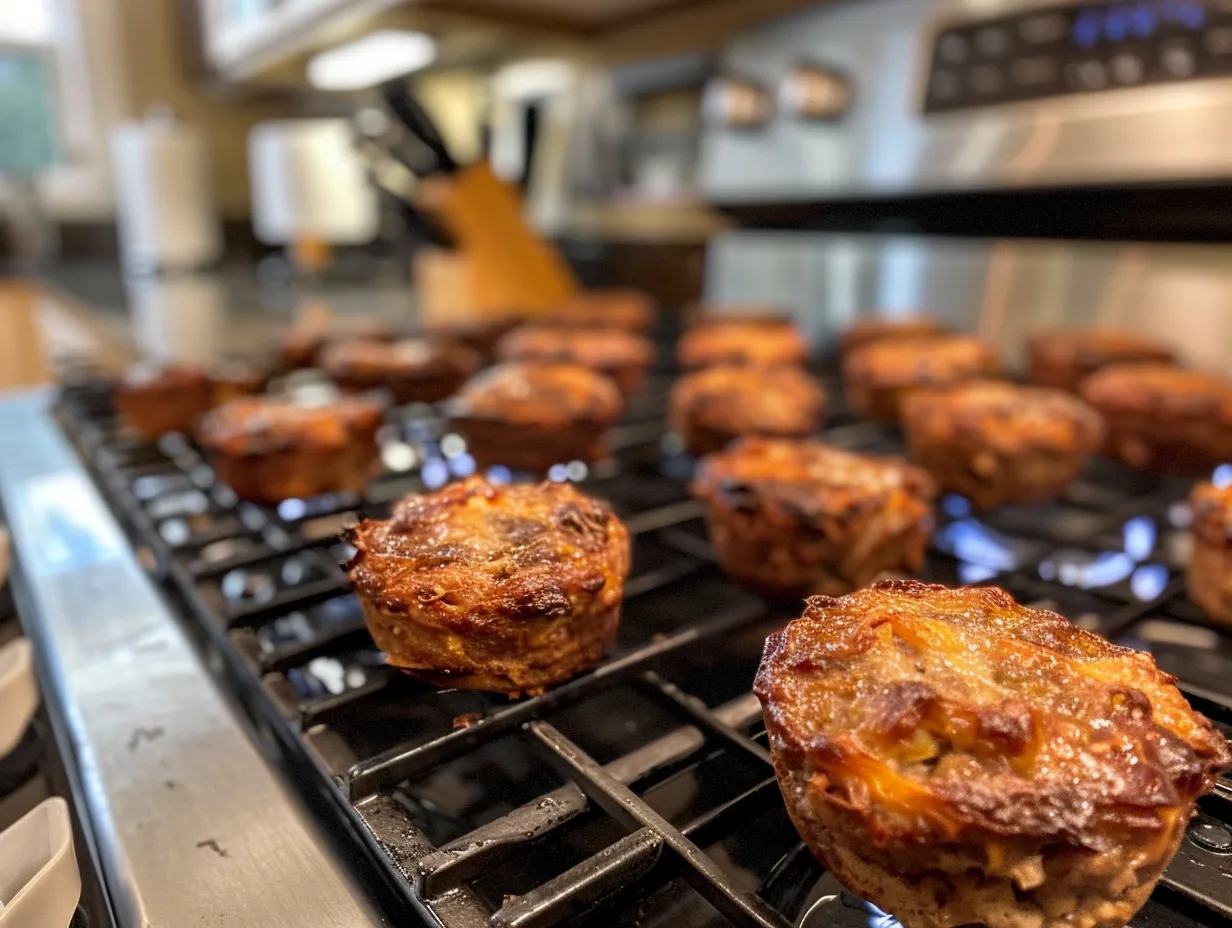 Finished mini meatloaf muffins cooling on a stovetop.