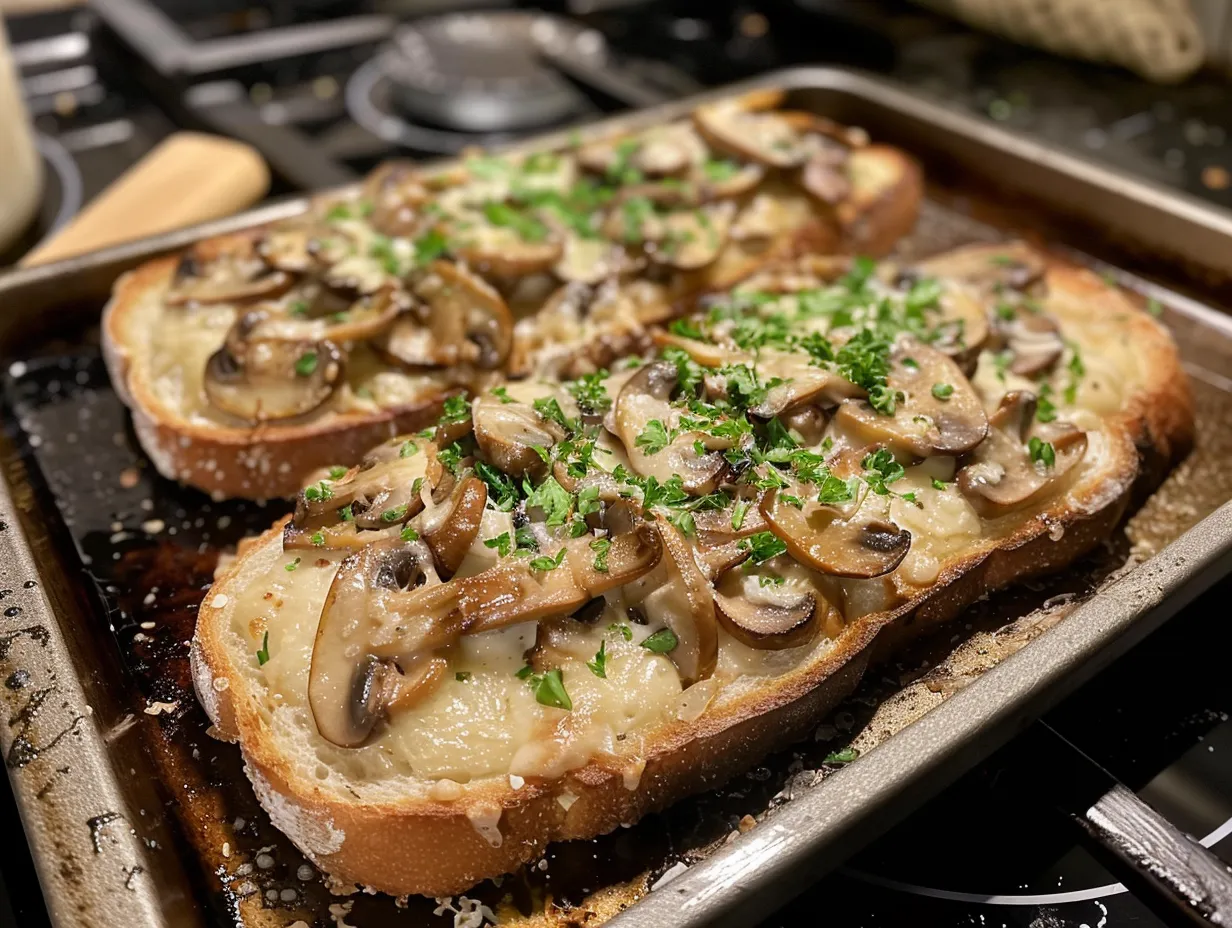 Finished Creamy Mushroom Toast dish with parsley garnish.