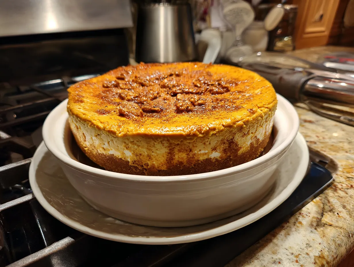Finished No-Bake Pumpkin Cheesecake garnished with whipped cream