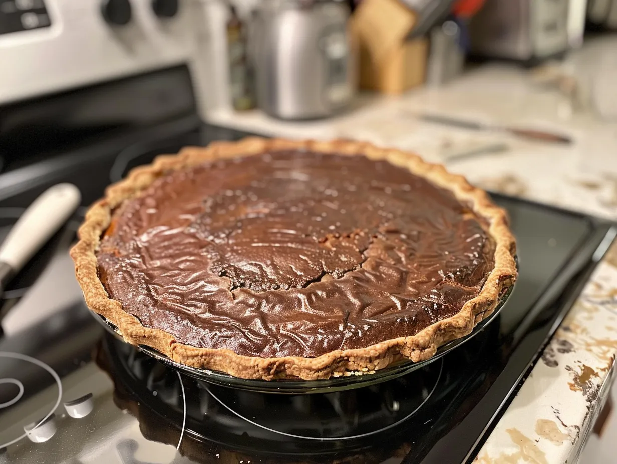 A finished Old Fashioned Chocolate Pie topped with whipped cream and chocolate shavings