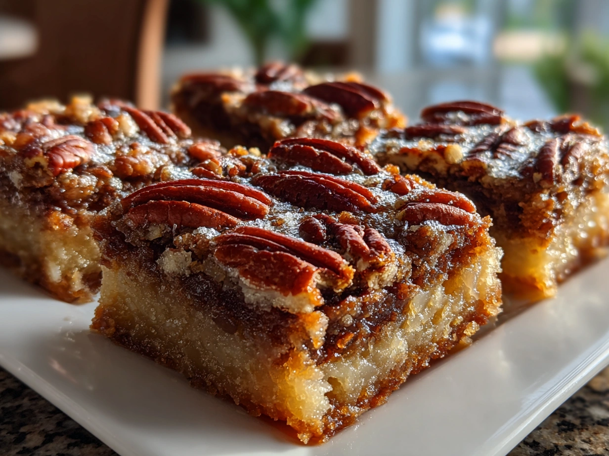 Golden brown pecan pie bars cut into squares and arranged on a plate.