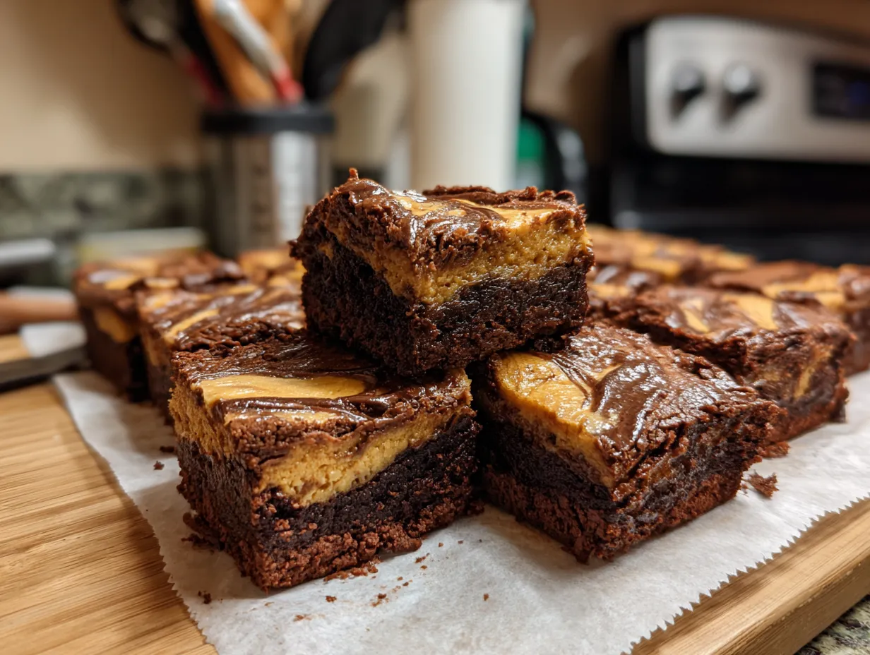 A close-up shot of finished Pumpkin Cheesecake Brownies, showcasing the rich, swirled texture of chocolate brownie and creamy pumpkin cheesecake layers, arranged neatly on a cutting board.