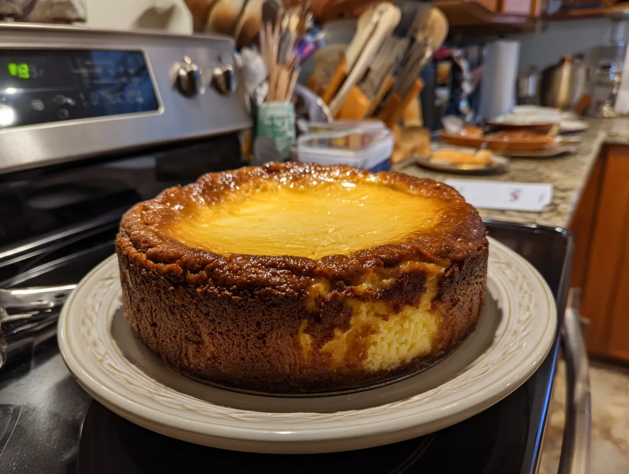 A beautifully finished pumpkin cheesecake on a kitchen counter.