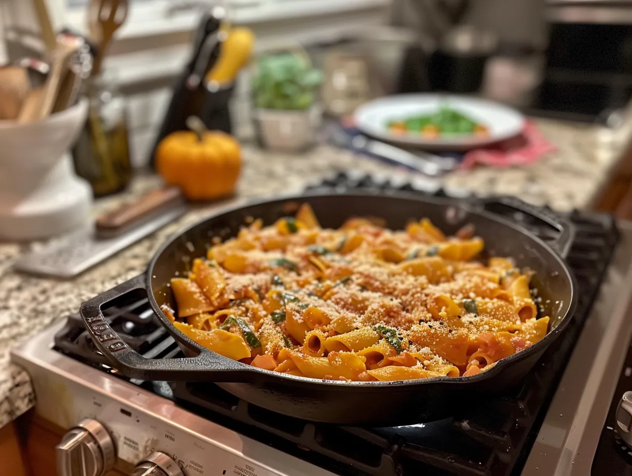 A bowl of finished Pumpkin Pasta with Sage, garnished with fresh sage and Parmesan cheese