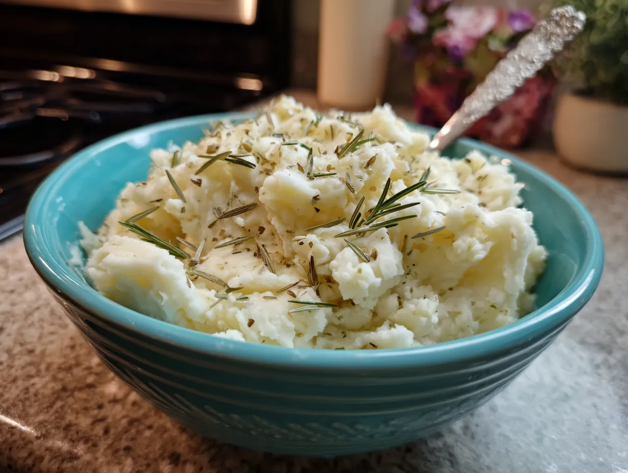 Finished Rosemary Garlic Mashed Potatoes garnished with fresh rosemary