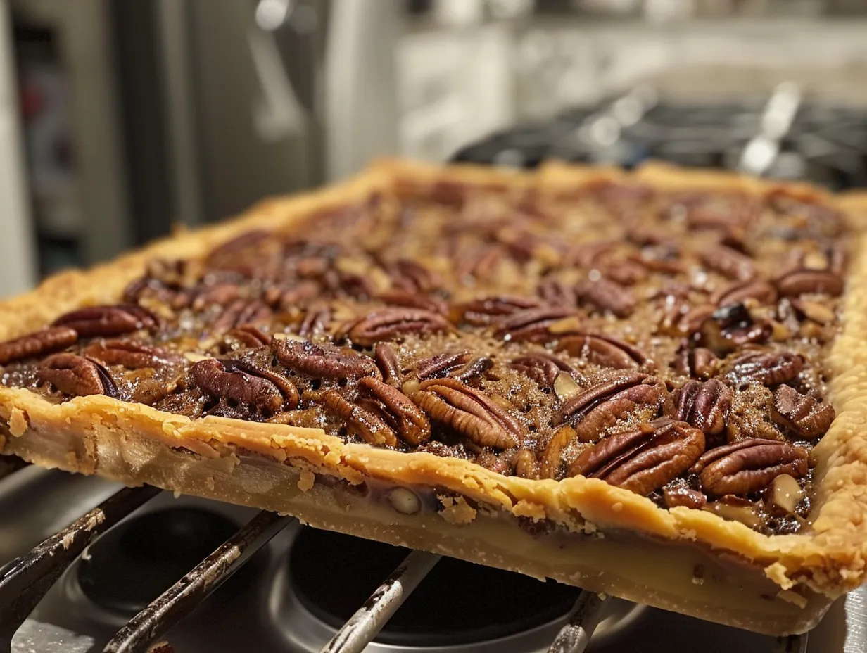Finished salted maple pecan pie bars, cut into squares and sprinkled with sea salt.