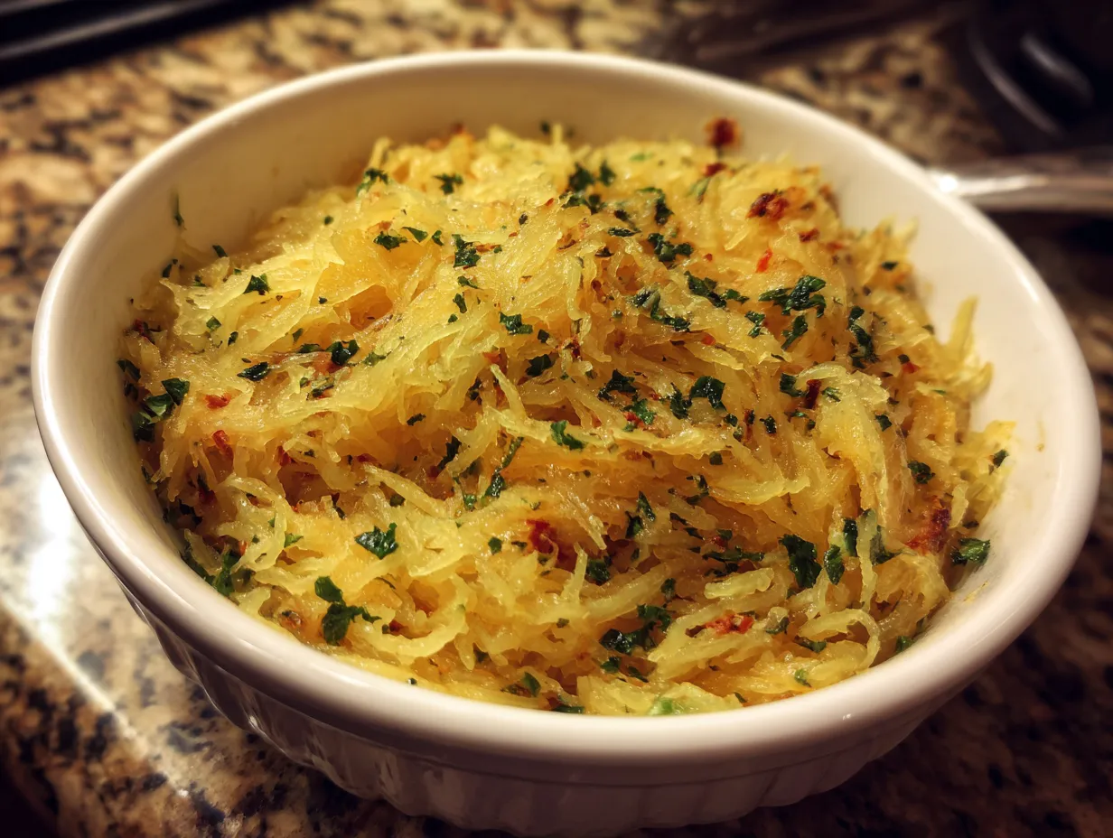 Finished spaghetti squash dinner on a plate