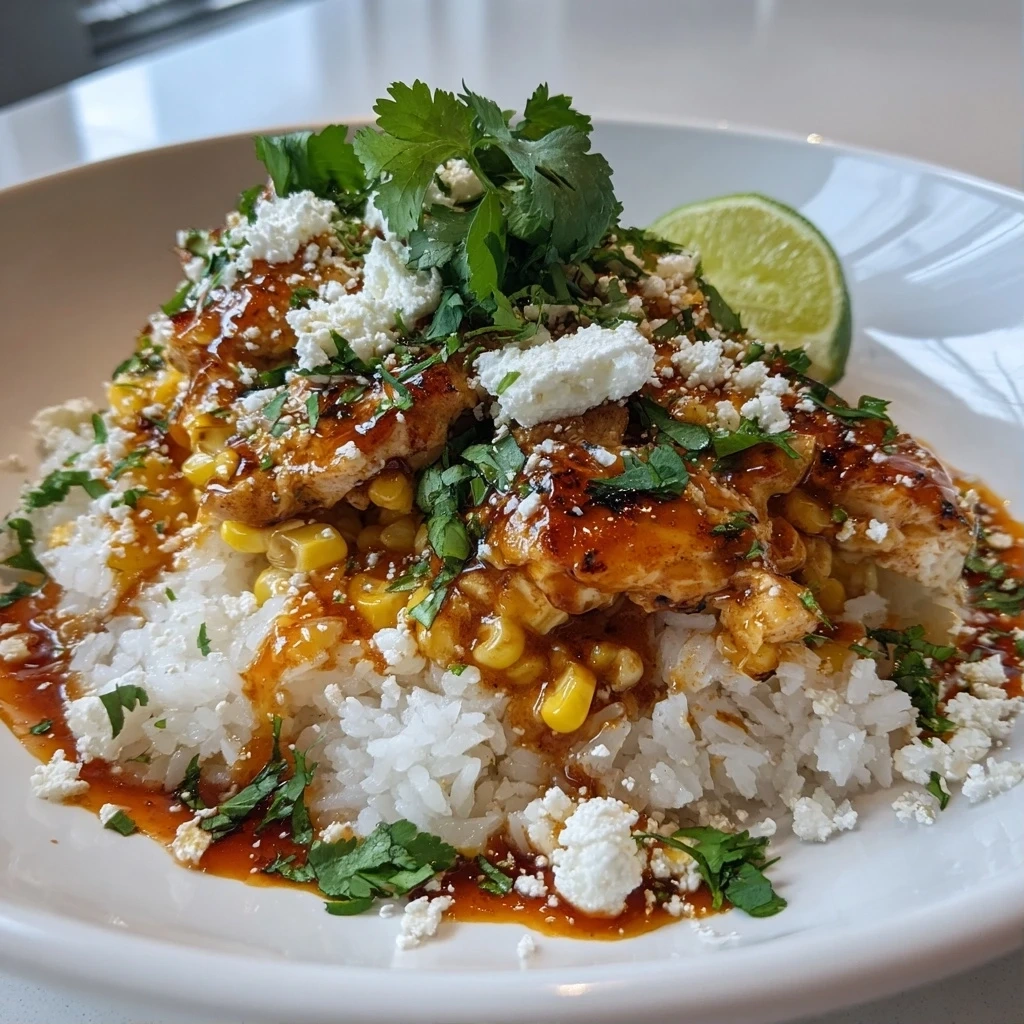 Finished Spicy Mexican Street Corn Chicken Rice Bowl garnished with cilantro and lime.