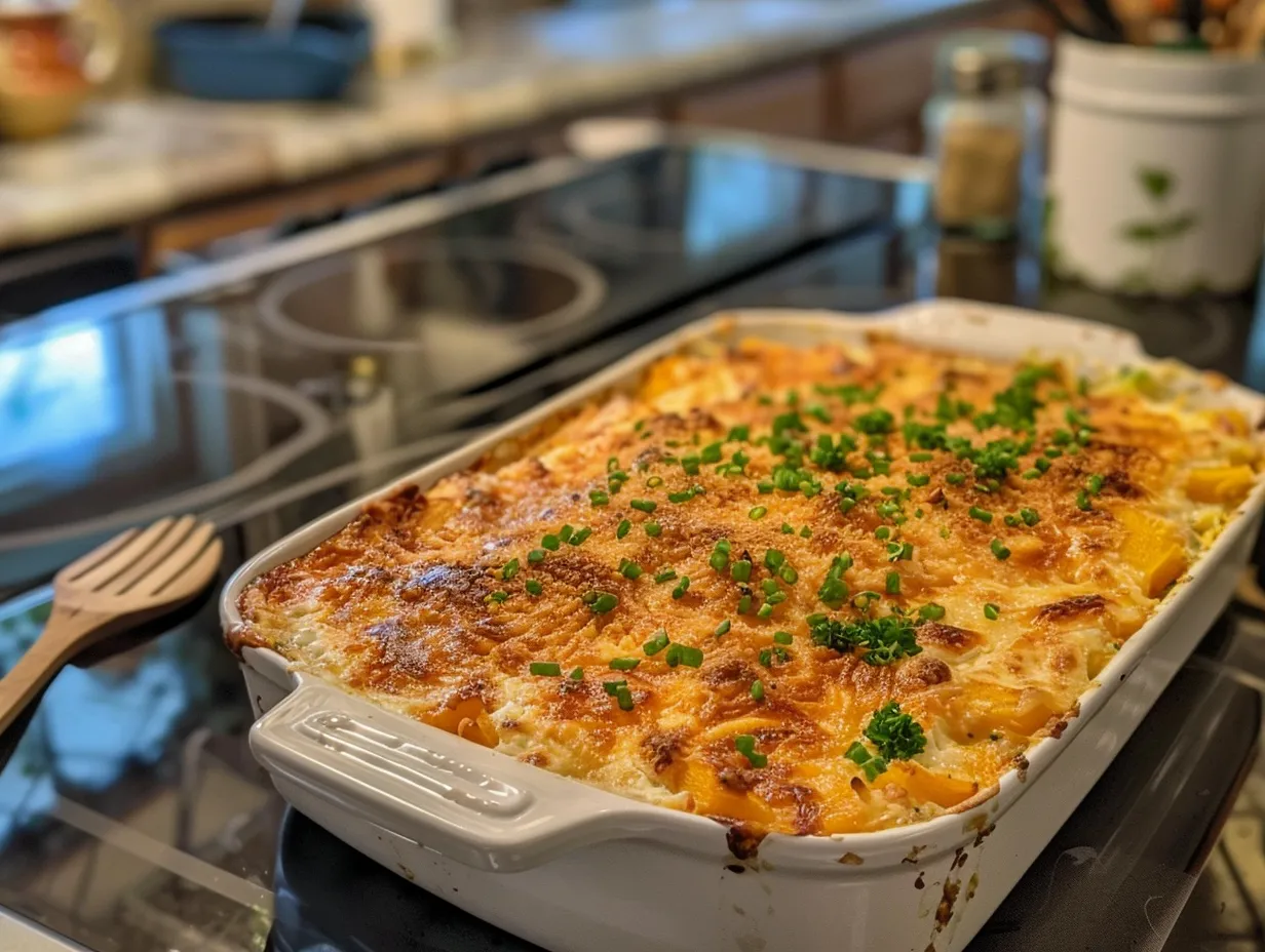 A golden brown finished squash casserole.