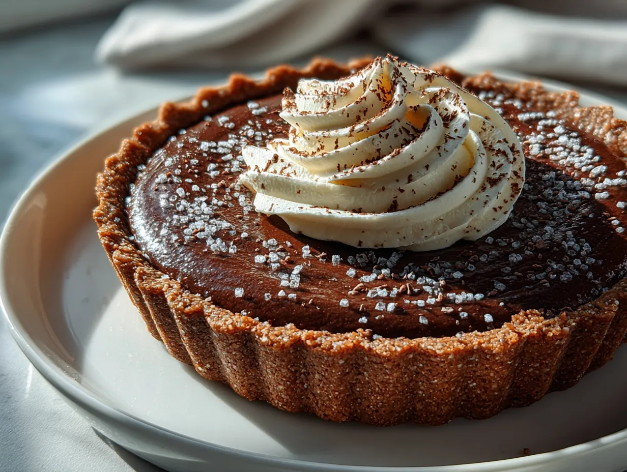 Finished Triple Chocolate Pie garnished with whipped cream and chocolate shavings, ready to serve