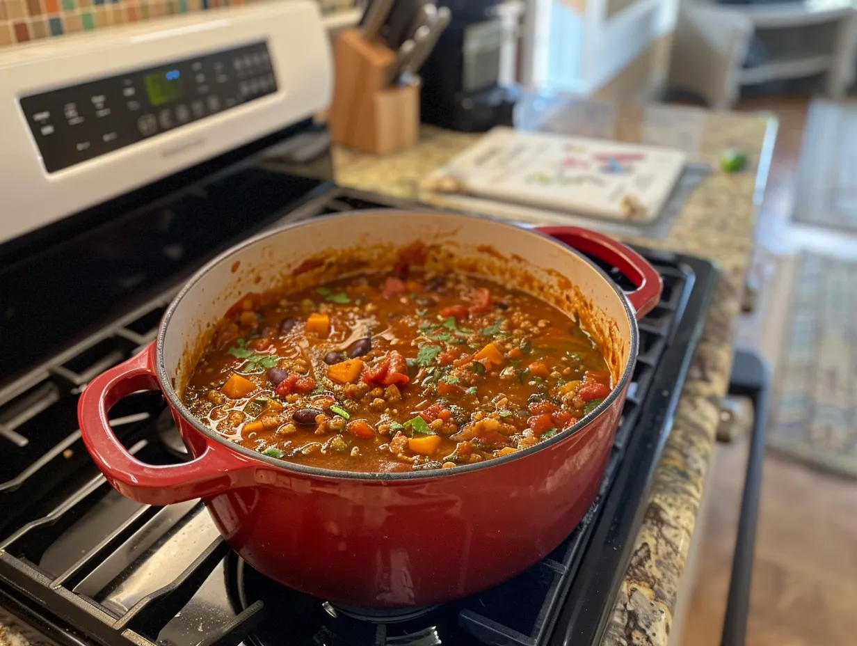 A bowl of finished Turkey Pumpkin Chili ready to eat