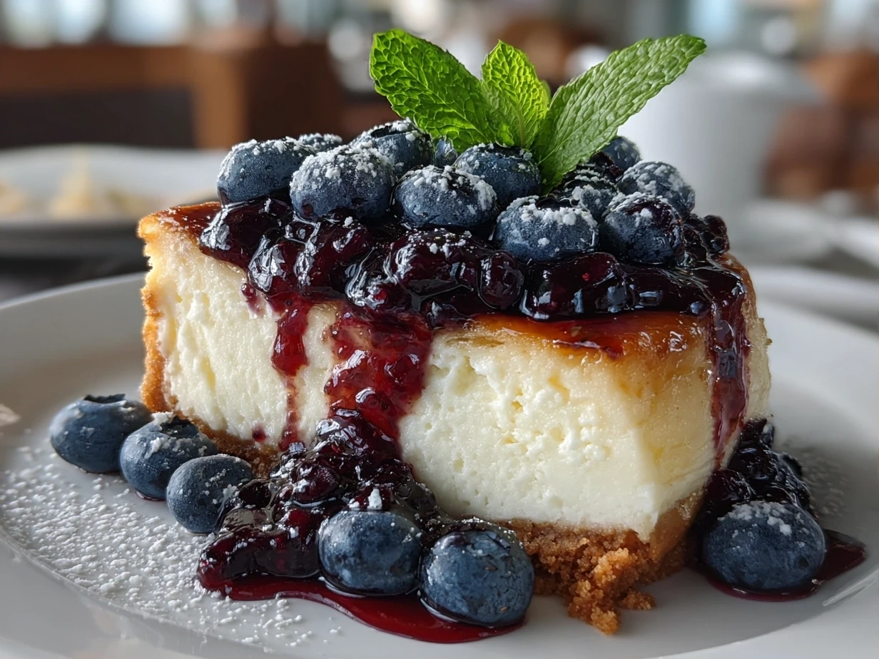 Finished White Chocolate Blueberry Cheesecake on a plate, showcasing the creamy texture and blueberry swirl.