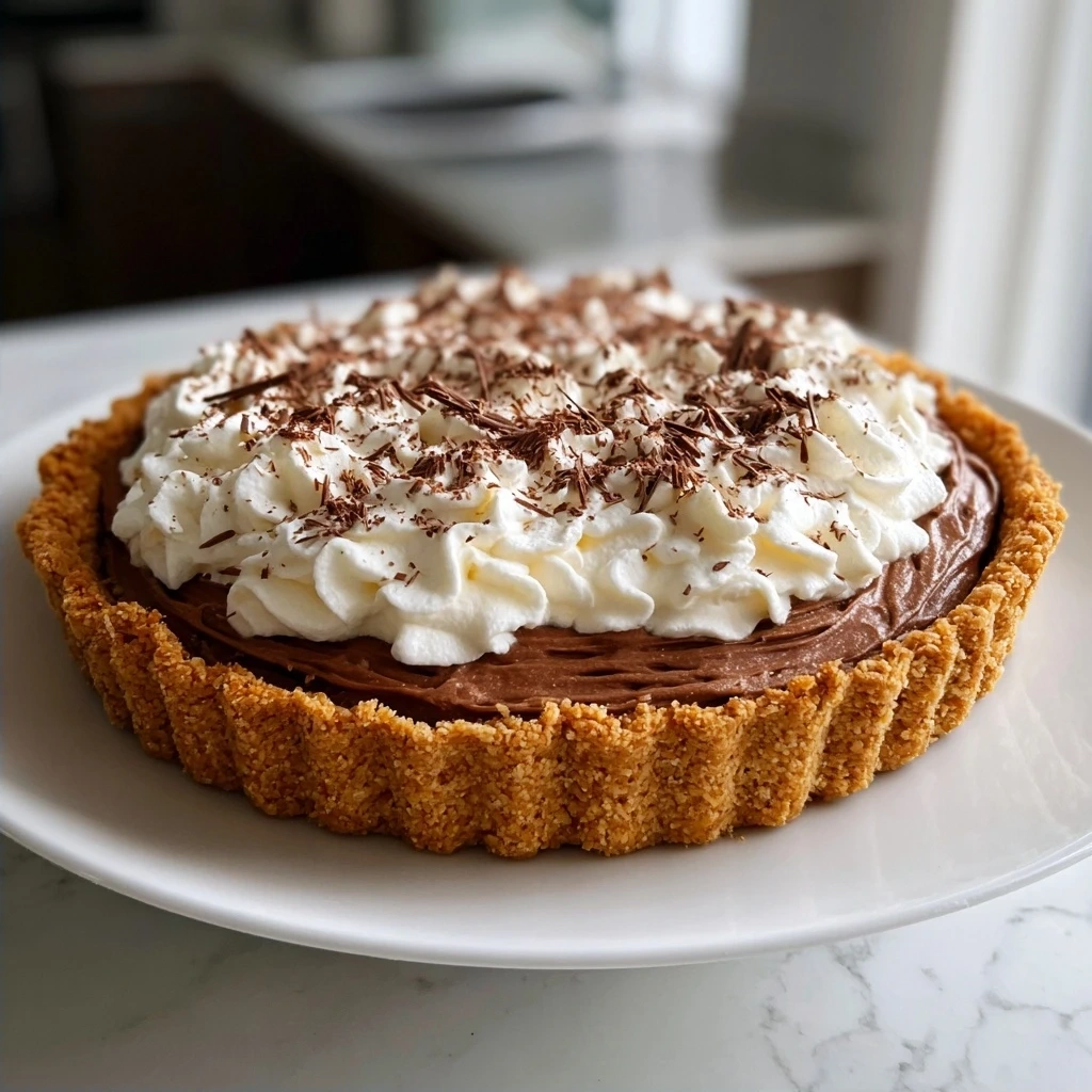 A delectable French silk pie with whipped cream and chocolate shavings on a wooden cutting board.