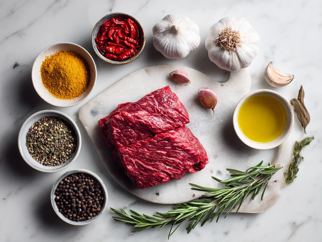 Fresh ingredients for Crockpot Prime Rib Chili Recipe, including prime rib, onions, garlic, bell peppers, tomatoes, beans, and spices.