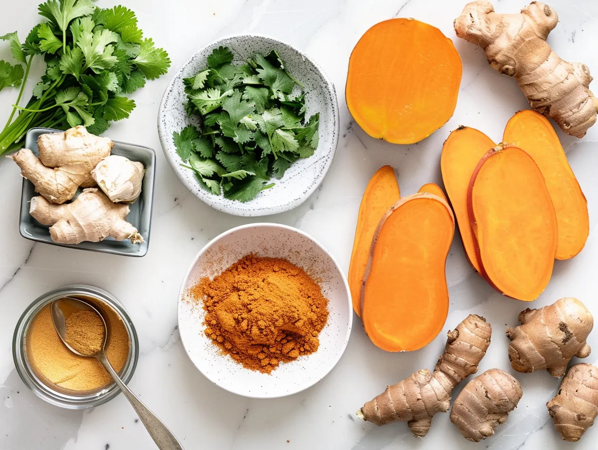 Fresh ingredients including sweet potatoes, apples, and spices arranged for making Curried Sweet Potato and Apple Soup