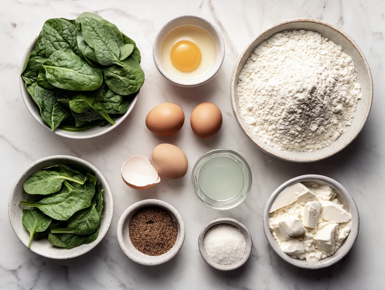 Fresh ingredients for making ricotta spinach quiche, including spinach, ricotta cheese, eggs, and spices.