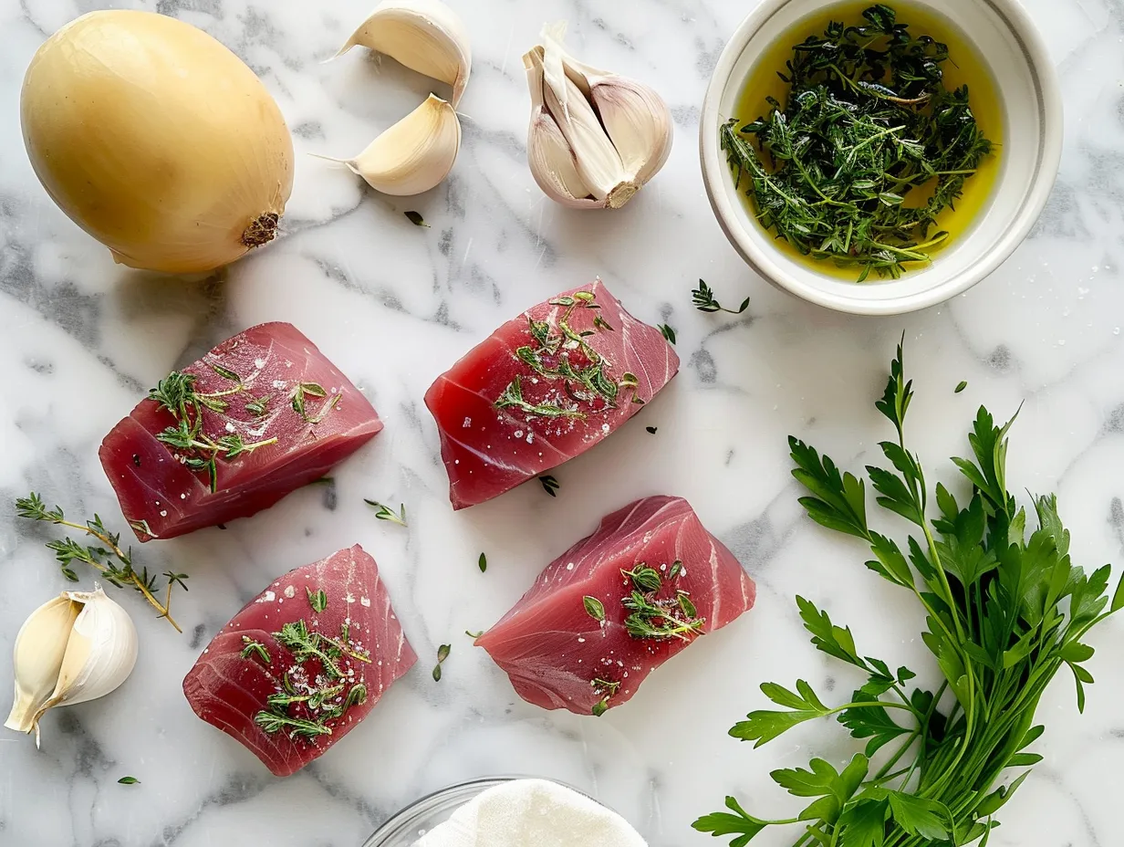 Ingredients for Seared Tuna Steaks with Garlic Herb Butter including tuna, herbs, garlic, and lemon.