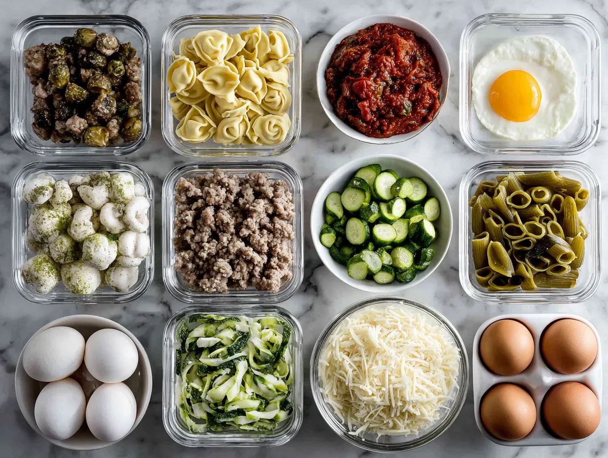 Fresh ingredients for tortellini soup with sausage including sausage, tortellini, spinach, and canned goods.