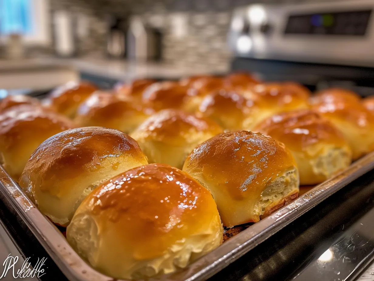 Freshly baked sweet potato rolls on a cooling rack.