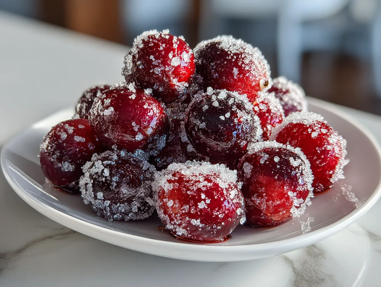 Finished No-Added-Sugar Sugared Cranberries beautifully arranged on parchment paper.