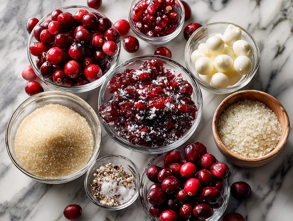Fresh cranberries, erythritol, water, vanilla extract, orange zest, and salt arranged for a No-Added-Sugar Sugared Cranberries recipe