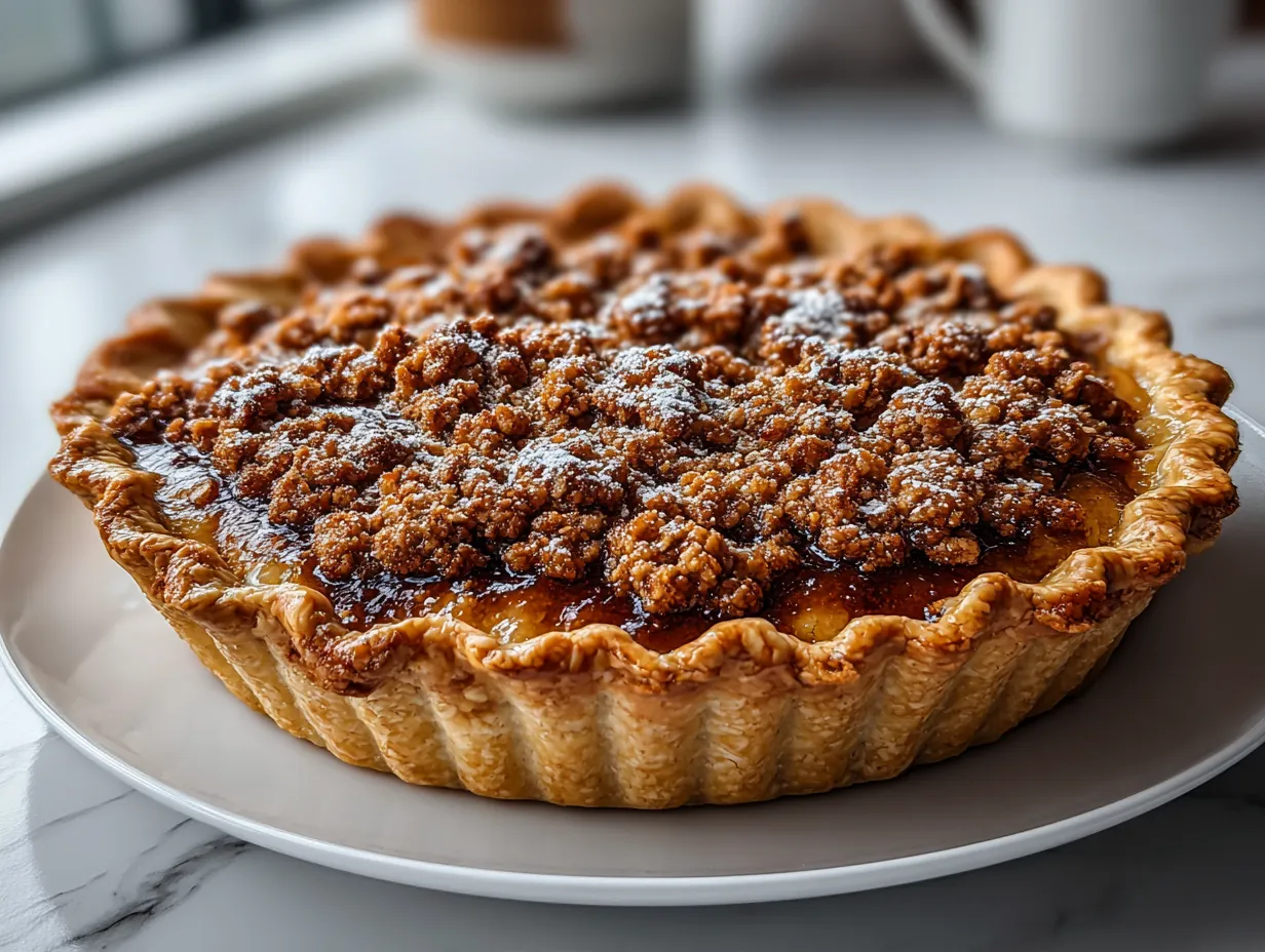 A freshly baked homemade Apple Butter Pie with Cinnamon Oat Crumble topping.