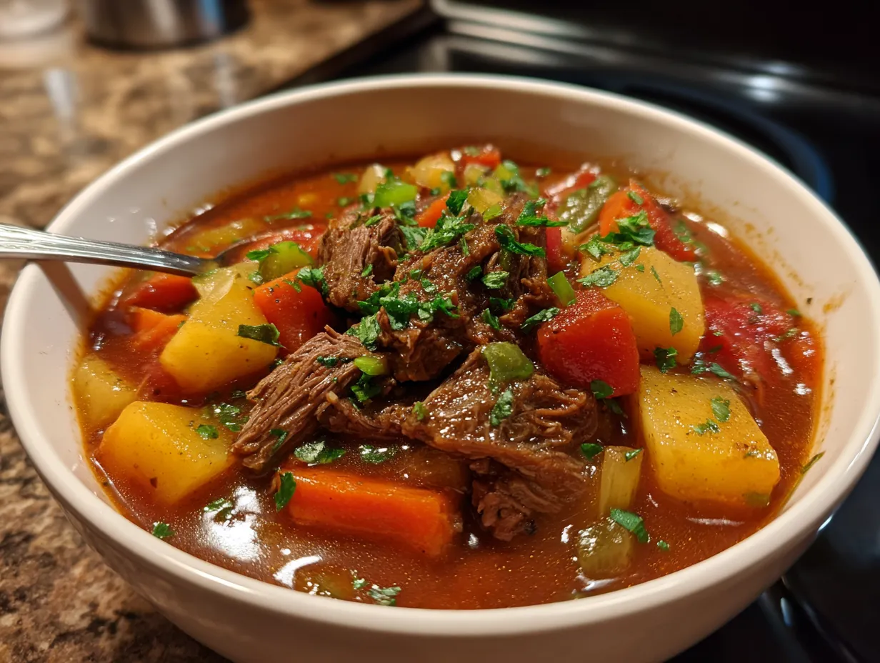 Homemade Crockpot Prime Rib Chili served in a bowl.