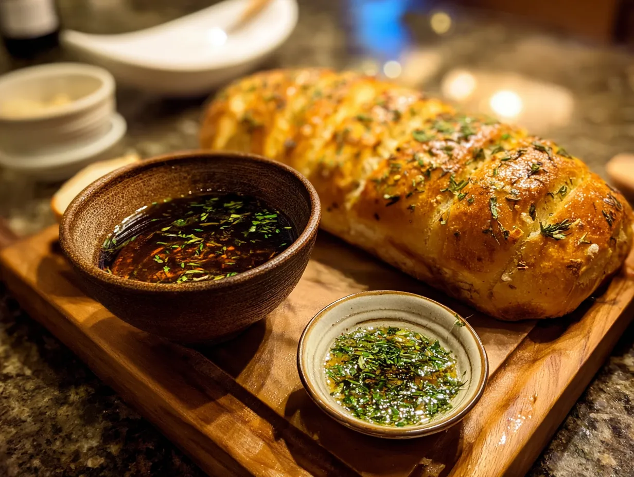 A bowl of freshly made olive oil and balsamic bread dip with crusty bread slices ready for dipping