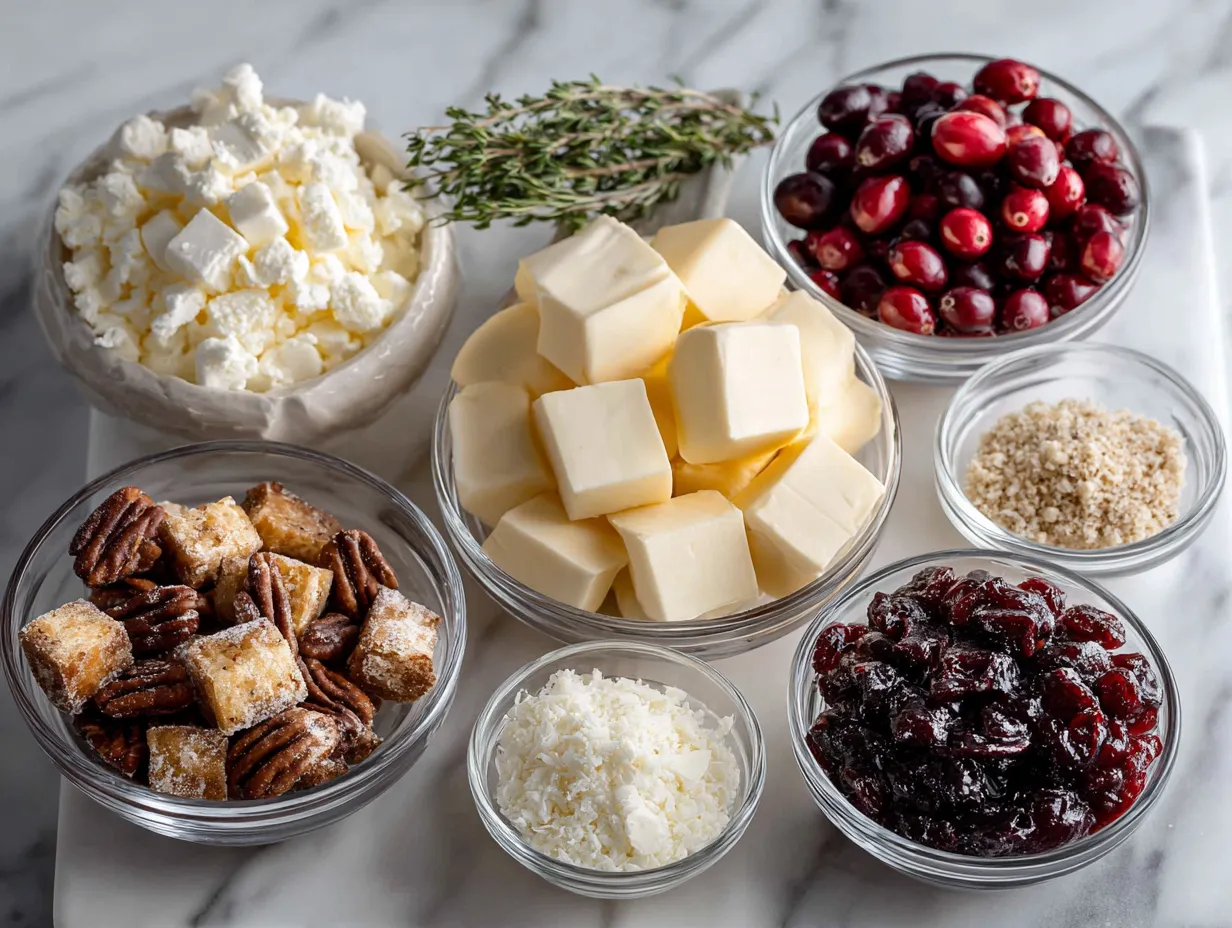 Ingredients needed to make Air Fryer Cranberry Brie Bites including puff pastry, brie, cranberry sauce, pecans, egg, and cooking spray
