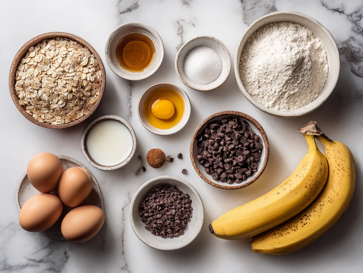 Ingredients for banana chocolate chip muffins on a marble countertop
