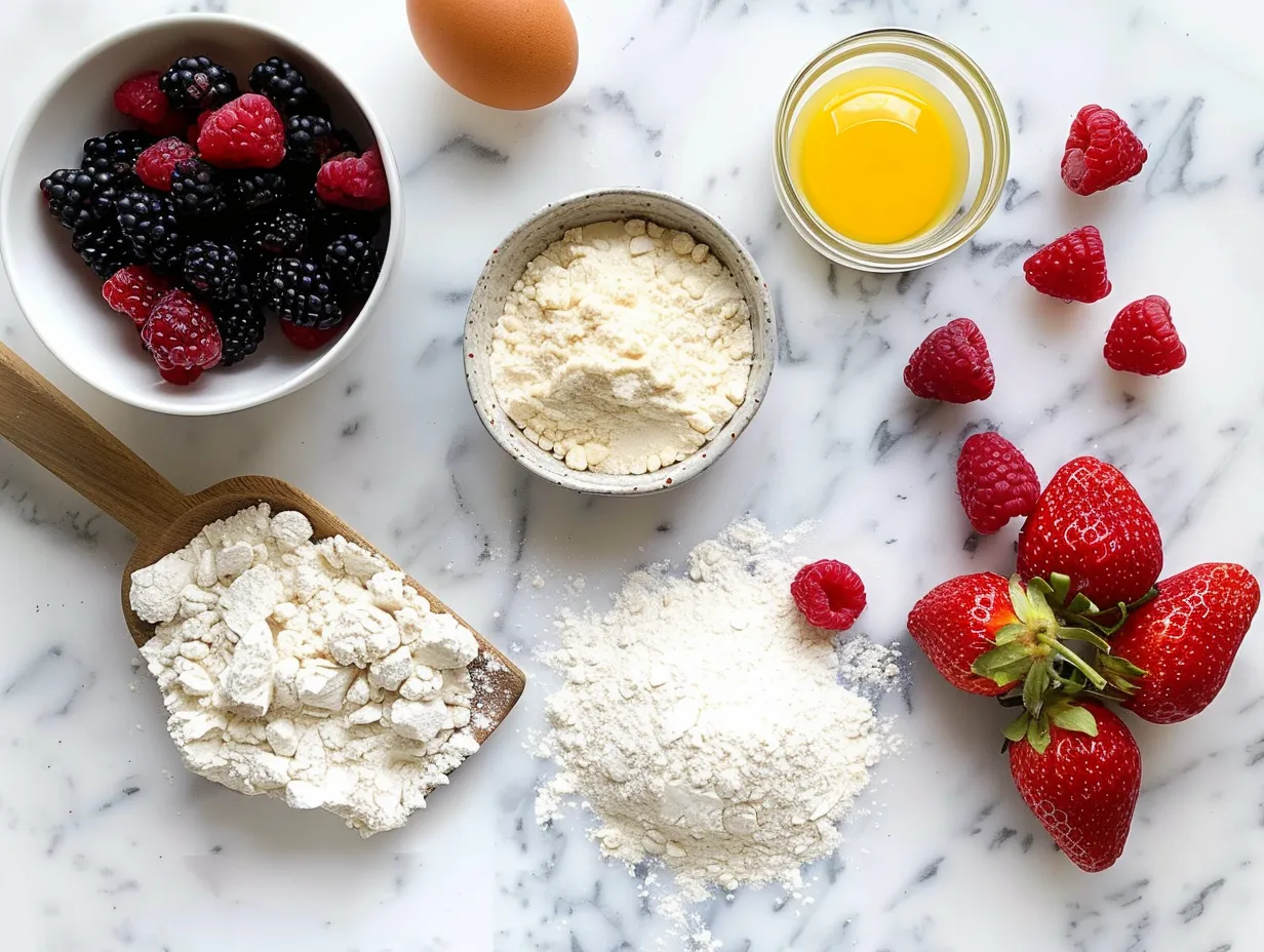 Ingredients for making breakfast muffins, including flour, milk, cheese, bacon, and spices, arranged on a marble countertop.
